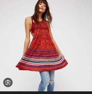 Free People Boho Crochet Swing Tunic in Rich Red with Multicolor Stripes
